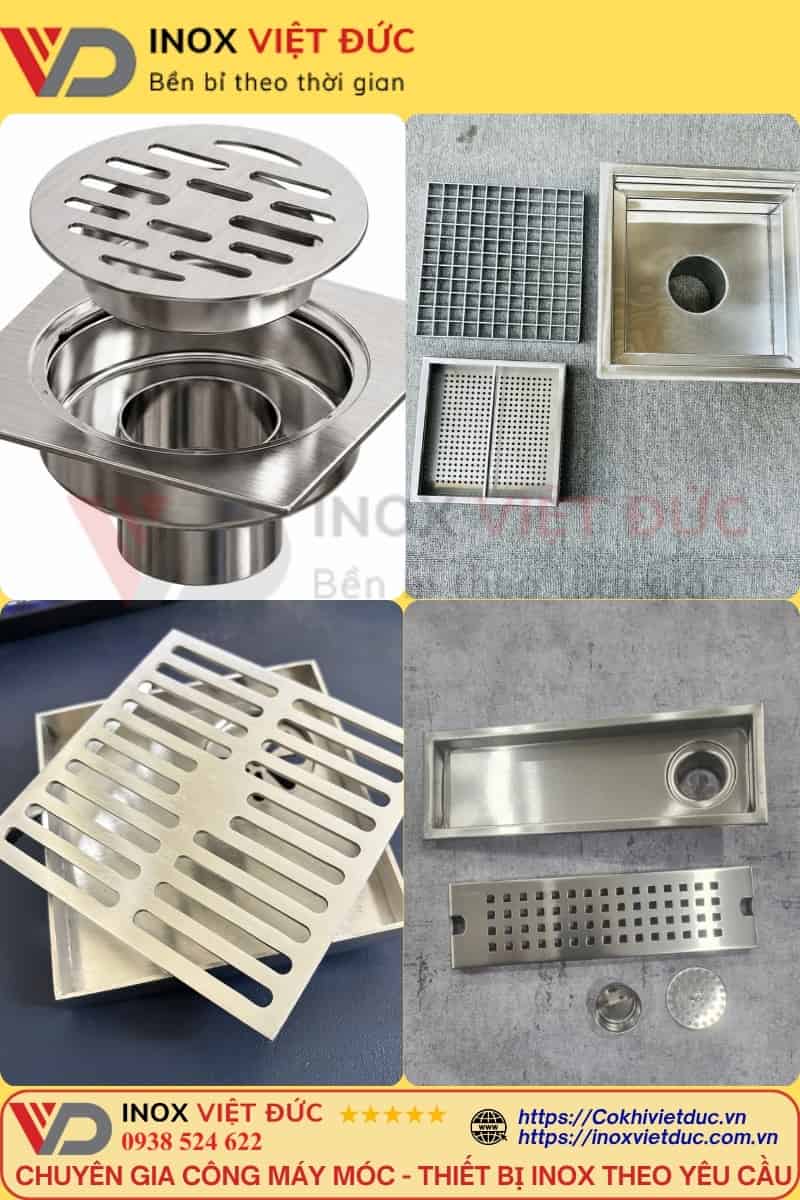 Hình ảnh minh họa máng thoát sàn inox sử dụng trong xưởng chế biến thực phẩm, thiết kế dạng rãnh dài để thu gom và dẫn nước trên sàn nhà máy. Máng có thể gia công bằng inox SUS 304, kết hợp nắp vỉ tháo rời, cửa xả và giỏ chắn rác tùy yêu cầu. Inox Việt Đức nhận gia công máng thoát nước inox công nghiệp theo kích thước, bản vẽ, lưu lượng nước và điều kiện lắp đặt thực tế.